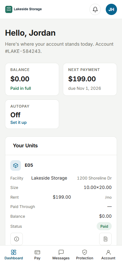 The SimpleOps tenant portal on a phone: balance paid in full, next payment due, autopay status, and the tenant's unit.